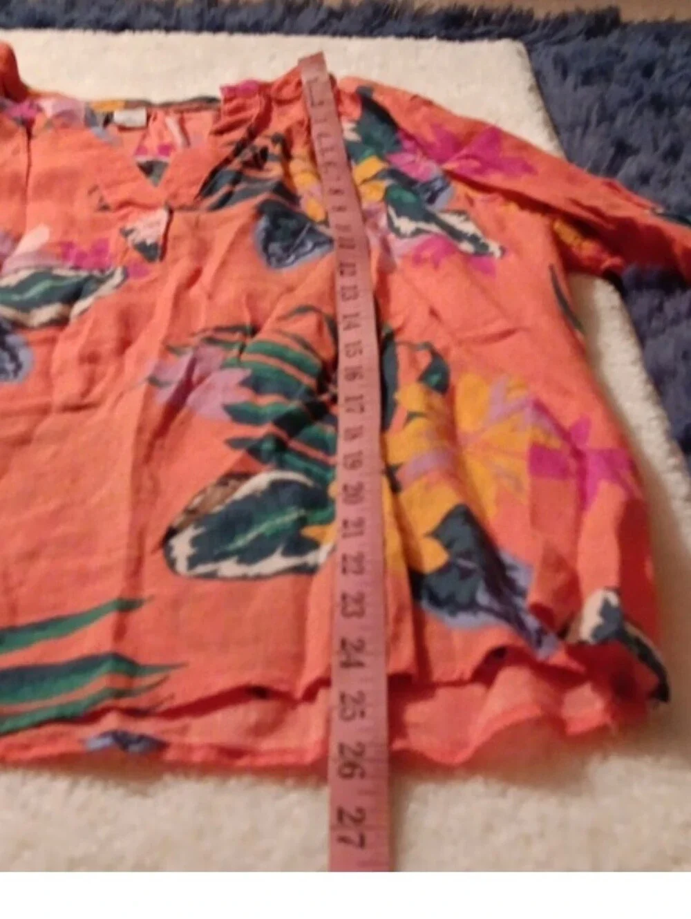 Old Navy ~ Coral Tropical Floral Linen Blend Tie Sleeve Blouse - Picture 3 of 10